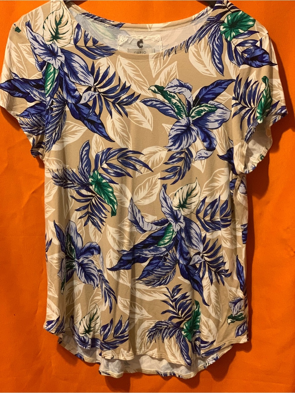 Cupio Women’s Tropical Print Short Sleeve Top - Blue/Green on Beige